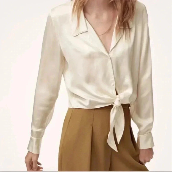 Wilfred Tops - Aritzia Wilfred Tie Front Blouse Long Sleeve Silky  Beige Collar Size Small